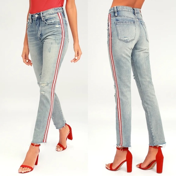 BlankNYC The Rivington Light Wash Distressed Boyfriend Jeans Red White Stripe 27 - Picture 1 of 9